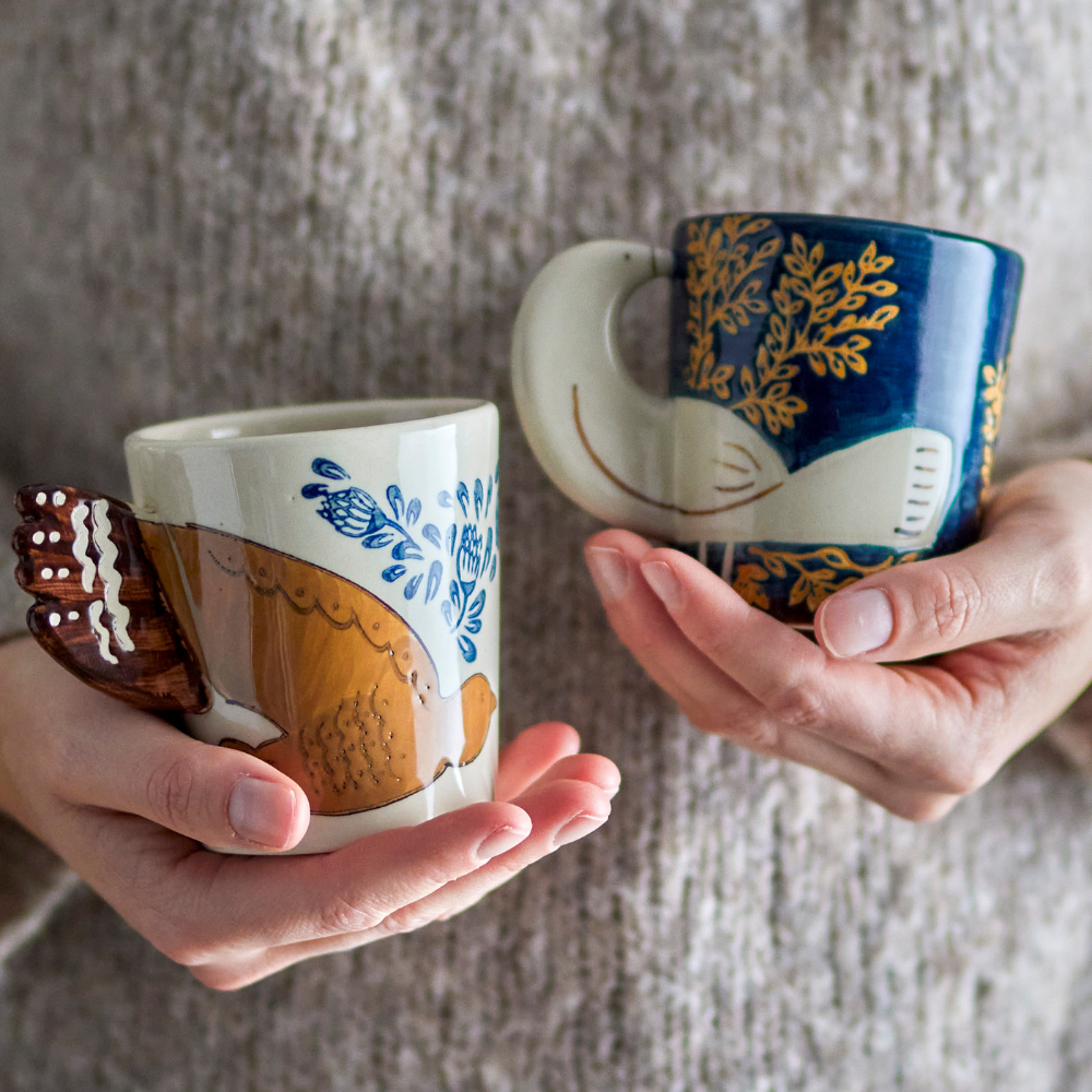 Hezha | Steingut-Tasse mit Vogelmotiv | 2 Varianten