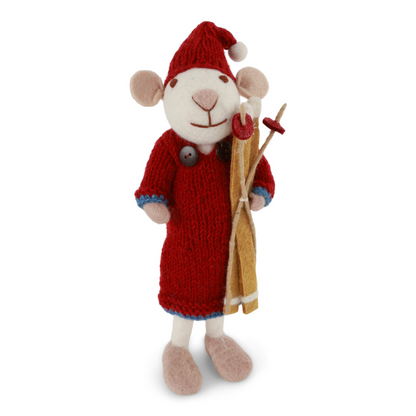Big White Mouse with Ski | Filz-Winterfigur | 2 Varianten