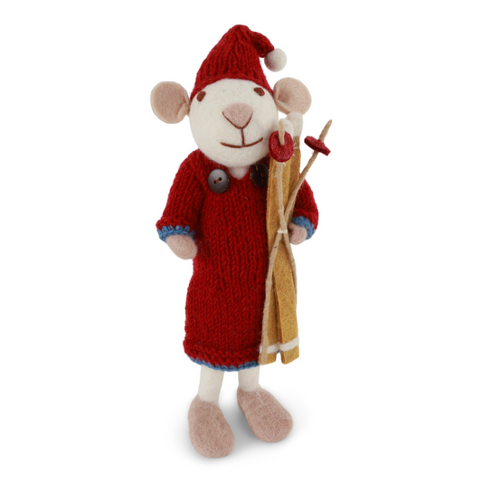 Big White Mouse with Ski | Filz-Winterfigur | 2 Varianten