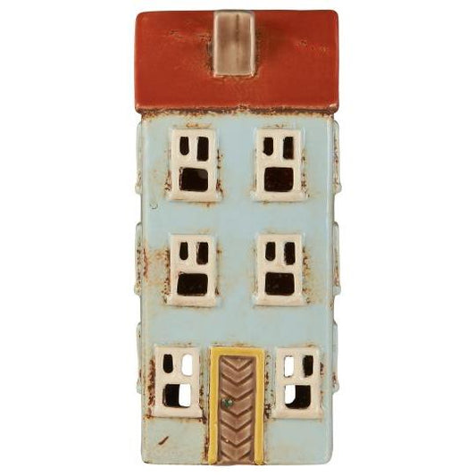 Nyhavn | Ib Laursen | Teelichthaus | grau-blau mit brauner Tür